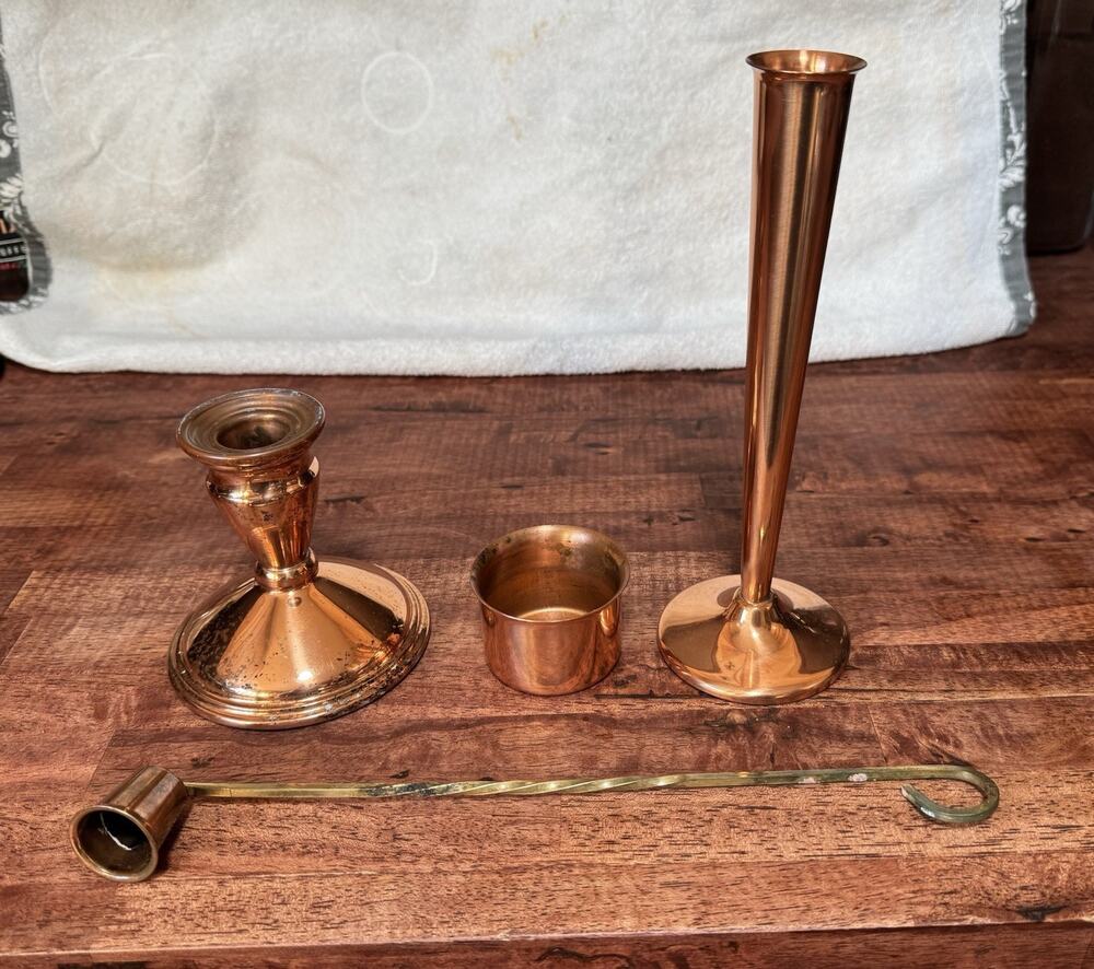 Four Vintage Coppercraft Guild Copper Pieces: 3 Candlestick Holders And Snuffer